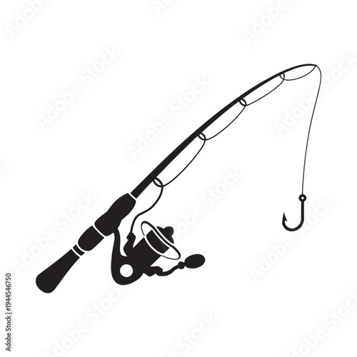 Simple black and white illustration depicting a fishing rod and tackle