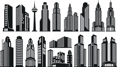 city skyline with various skyscrapers and high rise buildings in silhouette