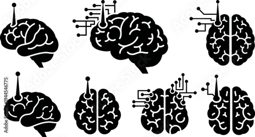 brain icons with microchips and circuit boards  human brain with technology elements