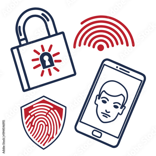 Colorful security with lock, shield, and mobile phone security lock fingerprint digital red and blue color scheme