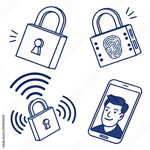 Digital security and mobile device with locks lock fingerprint scan wifi signal smartphone screen