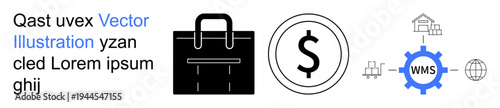 Business strategy, financial services, logistics, e-commerce, supply chain, warehouse management. Image includes a briefcase, dollar sign and gear with icons. Business strategy and financial