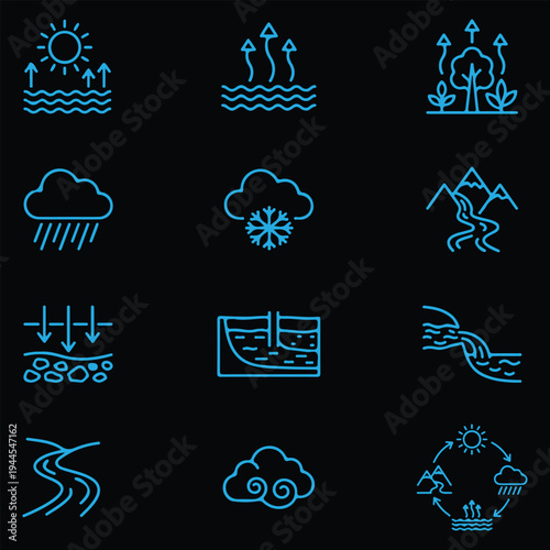 Foto Water Cycle and Hydrology Blue Line Icon Set on Black Background.