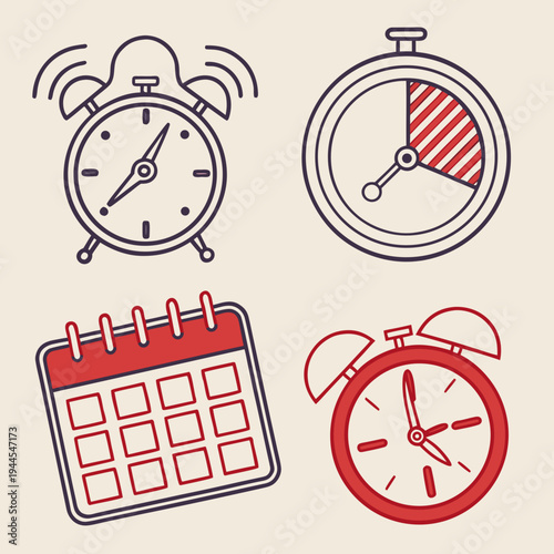 Clocks and calendar in red and black on beige alarm clock stopwatch