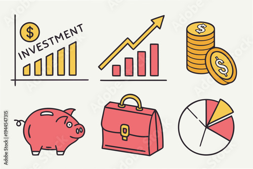 Investment including piggy bank, briefcase, and pie chart on beige background investment piggy bank