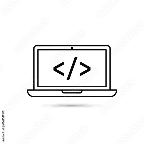 Illustration of black line art of a laptop with code symbols on screen vector