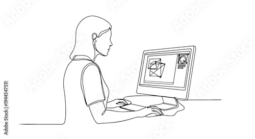 woman with laptop line art 