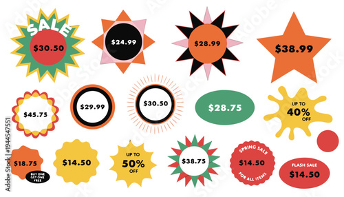 Starburst sale price stickers and labels, star and rosette, sunburst, callout and splash, stamp and tag badges. Isolated vector circle and oval red stickers, promo labels and tags with scalloped .icon