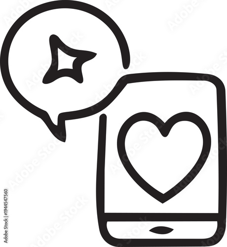 A black and white image of a heart on a phone with a star in a speech bubble