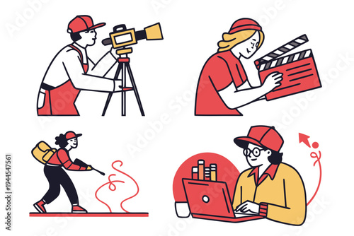 Crew members working on a set with camera and clapperboard director