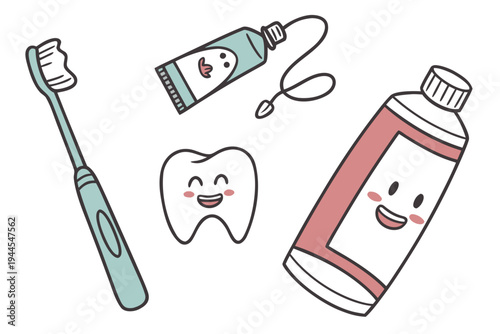 Cartoon toothbrush, toothpaste, and mouthwash for oral hygiene dental care
