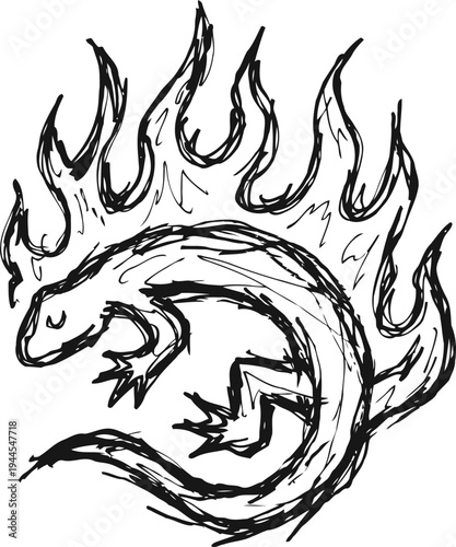 Fiery salamander illustration with flame outlines in dynamic tribal drawing
