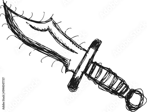 Hand drawn sketch of a dagger with a serrated blade and textured handle in black ink