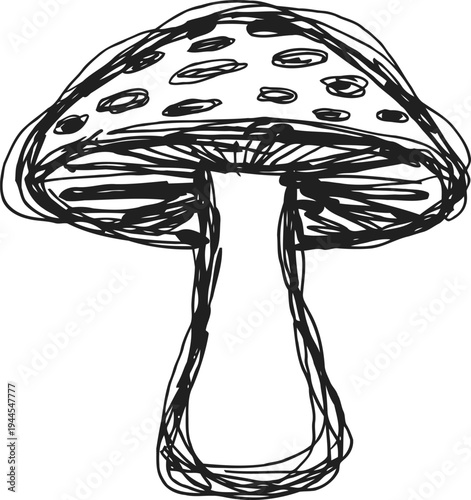 Hand drawn sketch of a mushroom with detailed gills and spotted cap in black pen ink