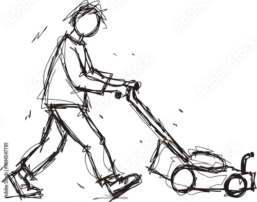 person mowing lawn with push mower outdoor yard maintenance gardening work activity