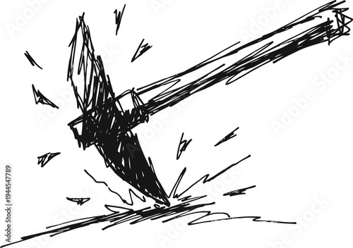 Hand drawn pickaxe striking rock with sparks flying mining tool used for breaking hard surfaces