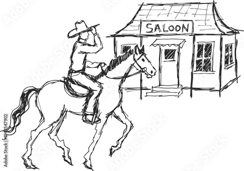 cowboy riding horse approaching old western saloon building sketch drawing