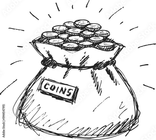 Money bag filled with coins, hand drawn sketch of cash savings and wealth concept