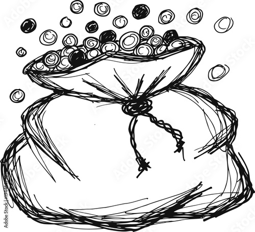 sack bag filled with coins spilling out, hand drawn sketch of money and wealth concept