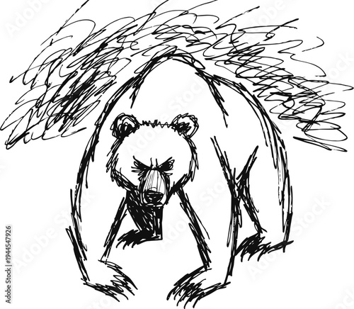 Aggressive bear illustration in sketch with dark scribble background