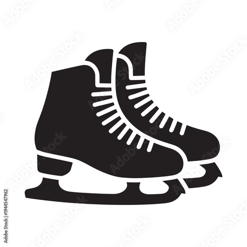 A pair of black ice skates presented in a simple graphic style