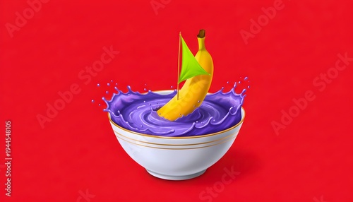 Surreal Banana Sailboat Floating In Purple Milk Splash Creative Food Concept