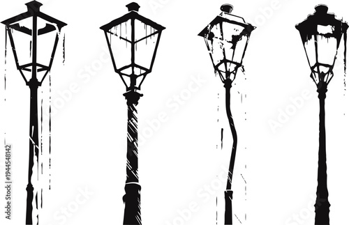 Silhouettes of vintage street lamps in various styles and shapes with worn textures