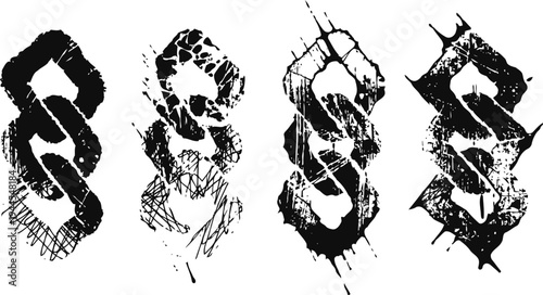 Grunge chain links set broken and distressed metal connection elements black and white rough sketch