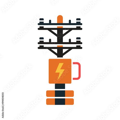 Electric utility pole with transformer line icon, representing power distribution, electrical infrastructure and energy transmission concept.