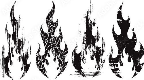 Grunge black flame silhouettes distressed fire icon set with cracked texture abstract vintage burning shapes collection