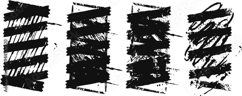 four black brush stroke designs on white background, grunge and distressed artistic textures