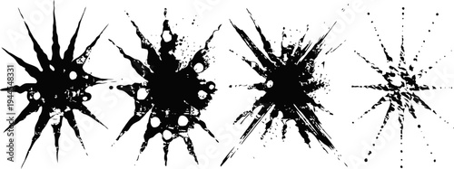 Ink splatter designs set abstract black paint stains with starburst effect artistic grunge elements collection