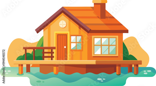 A cartoon house on stilts above water with a deck and chimney