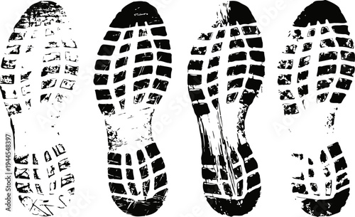 Boot sole prints black silhouettes four different tread pattern shoe footprints isolated walking trail marks illustration