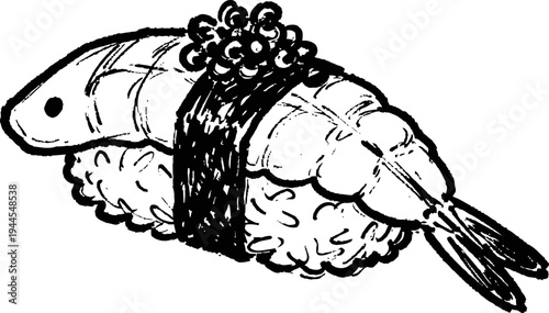 hand drawn shrimp nigiri sushi with roe topping wrapped in seaweed, japanese cuisine illustration