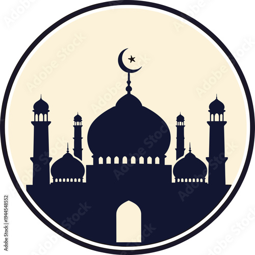 A serene mosque silhouette stands under a crescent moon at night