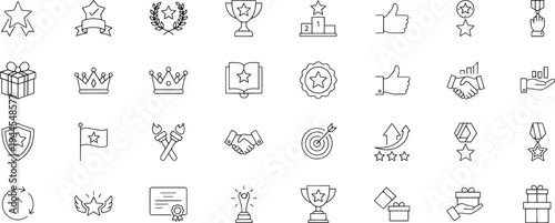 Award Achievement Line Icons Set, Trophy, Winner, Success, Medal, Rating and Reward Outline Vector Collection