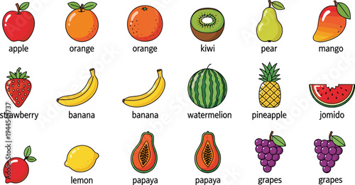 Colorful fruit icon collection with apple orange kiwi pear mango strawberry banana watermelon pineapple lemon papaya and grapes vector illustration