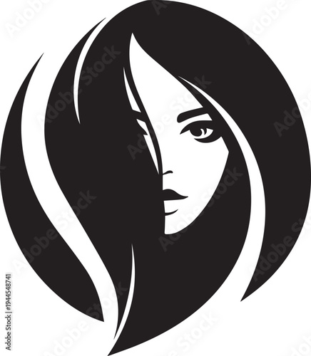 Elegant Beauty Salon Logo with Female Face, Comb and Scissors Black Vector Illustration