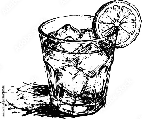 Glass of iced lemon water with ice cubes and lemon slice illustration, fresh cold drink refreshment