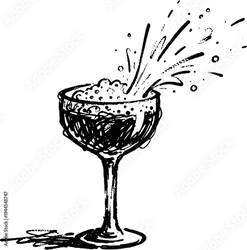 champagne glass with sparkling bubbly liquid pouring and foam splash illustration