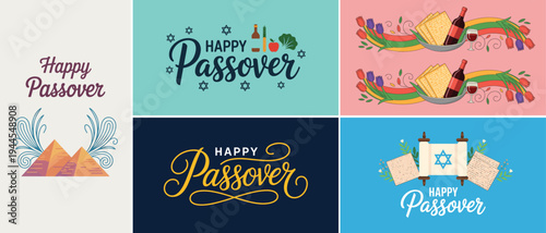 Happy Passover Holiday Greetings Collection with Jewish Symbols and Food Stock Graphics