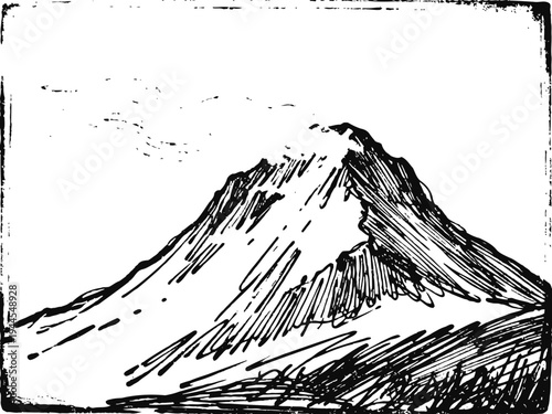 hand drawn mountain landscape sketch with textured shading and bold contour lines