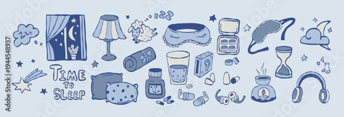 Sleep Accessories and Insomnia Relief Set. Eye Mask, Pillows, Earplugs, Hourglass and Headphones. Time Night Relaxation Home Spa and Self Care. Isolated Blue hand-drawn. Vector Illustration