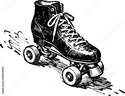 Vintage roller skate illustration classic quad skate with laces and four wheels in detailed black ink drawing