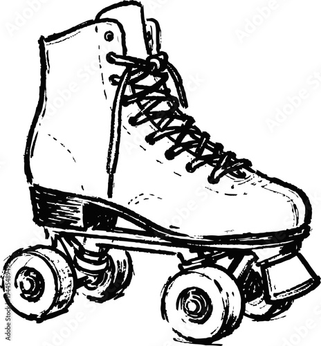 Classic roller skate drawing with laces and four wheels, vintage sports footwear illustration