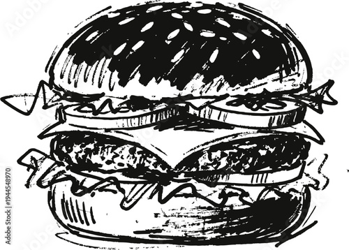Hand drawn cheeseburger illustration with lettuce, tomato, and pickles on sesame bun