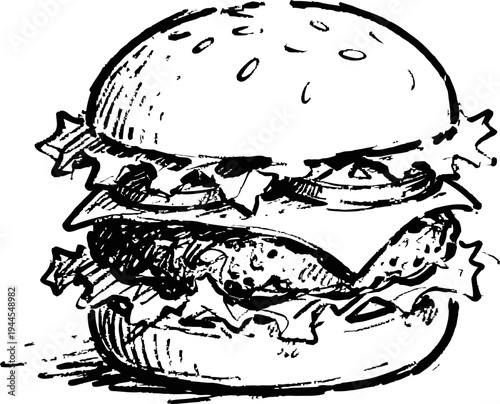 Classic cheeseburger with lettuce and tomato handmade sketch illustration of a burger sandwich