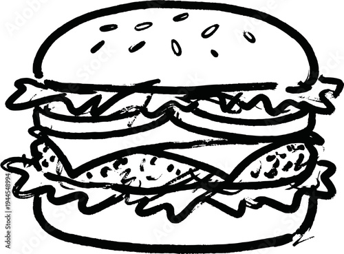 Hand drawn chicken sandwich illustration with lettuce, tomato, and sesame seed bun