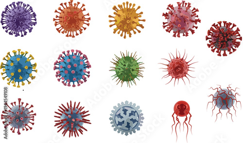 Collection of fifteen colorful virus illustrations with unique microscopic shapes, spikes, tentacles, textures, educational vector art for microbiology, virology, and disease studies